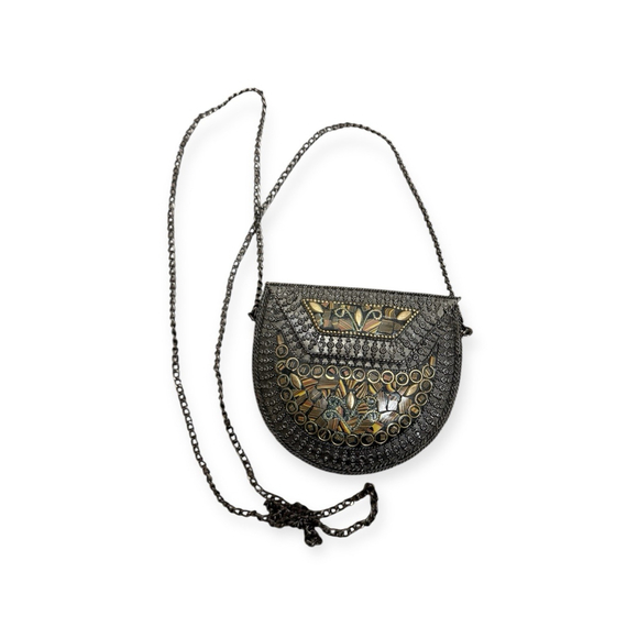 Swarnkraft Handbags - Swarnkraft Metal Brass And Mosaic Insert Bag With Long Chain And Lined Inside
